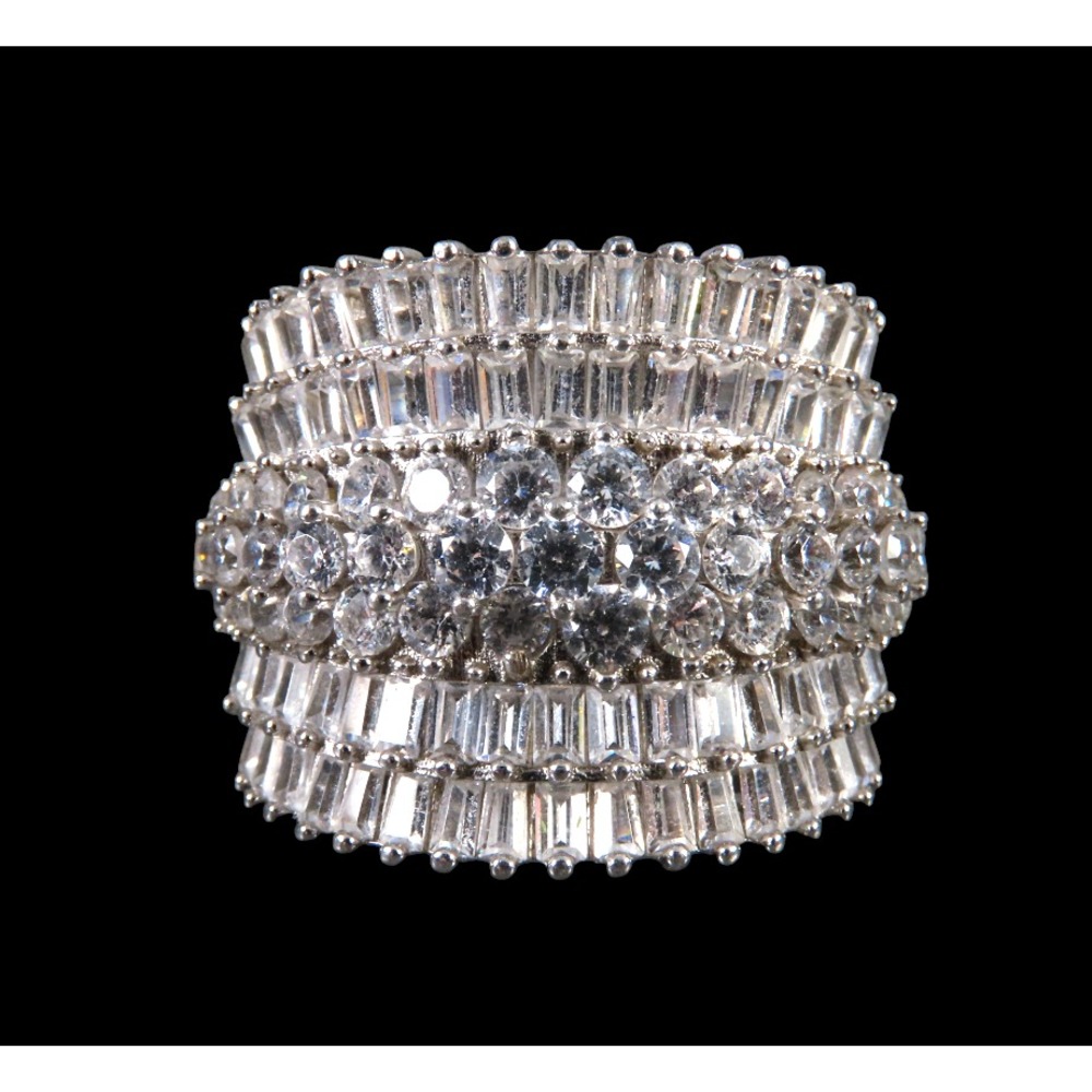 FZN/JTV Rhodium STERLING SILVER COCKTAIL RING Clear CZ Baguette/Round Pave SZ 7